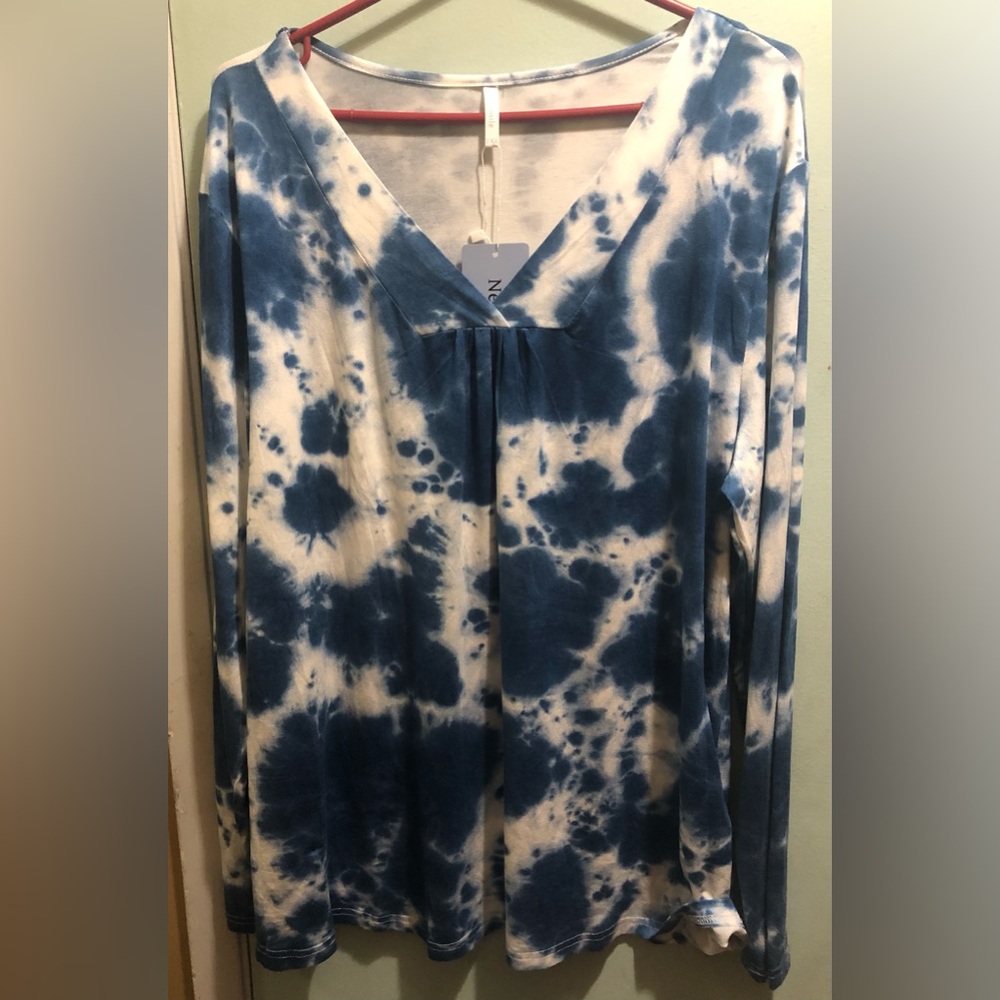 NEW Netsmile Womens Casual Long Sleeve Shirt Pleated Tunic Top -Blue Tie Dye